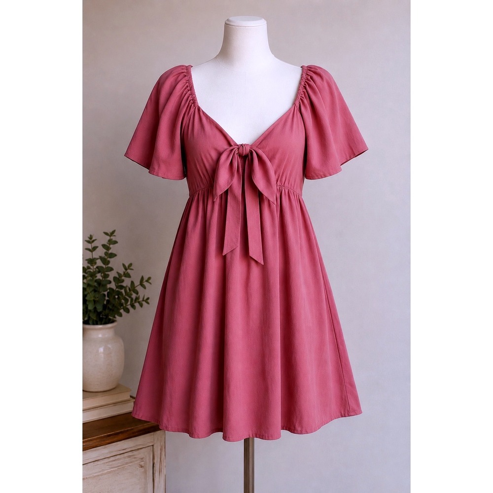 Fashion Pink Short Flutter Sleeve Smocked Back Dress Small NEW Babydoll Bohemian